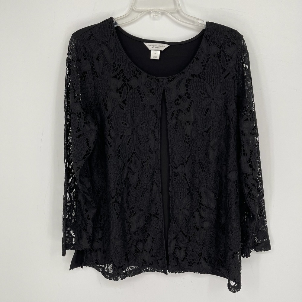 Christopher & Banks Women's Black Lace Overlay 3/4 Sleeve Top Size XLP Petite